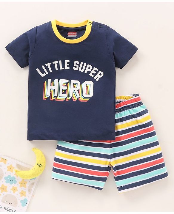 Babyhug Half Sleeves Cotton Shorts Set Text Print - Blue