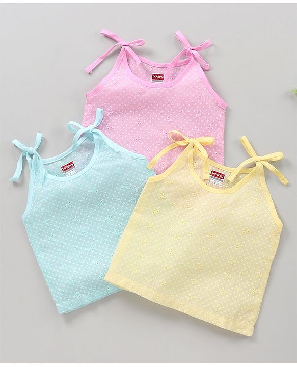 Babyhug 100% Cotton Sleeveless Tie Knot Jhablas Dots Print Pack of 3 - Pink Blue Yellow