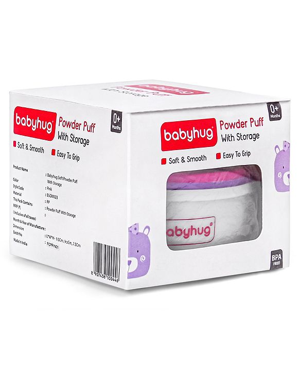 Babyhug Soft Powder Puff with Built-In Storage Case  White & Pink | Gentle | Safe | Hygienic | Soft Cotton