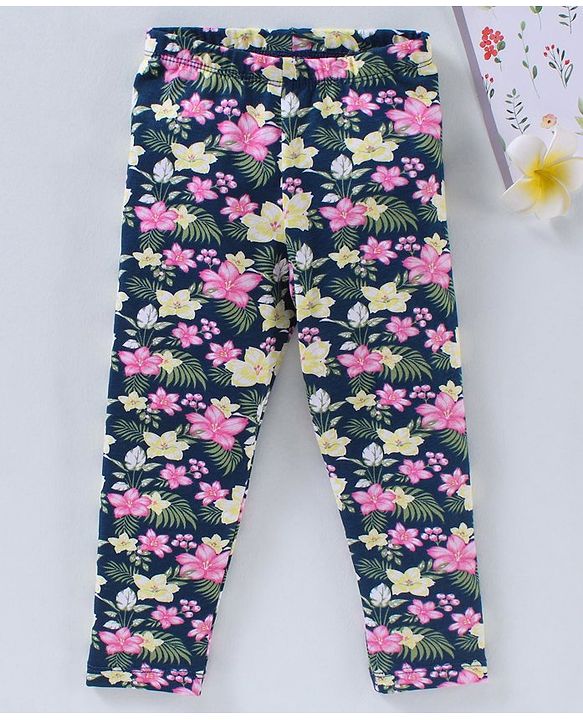 Babyhug Full Length Knit Leggings Floral Print - Navy Blue
