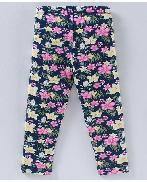 Babyhug Full Length Knit Leggings Floral Print - Navy Blue