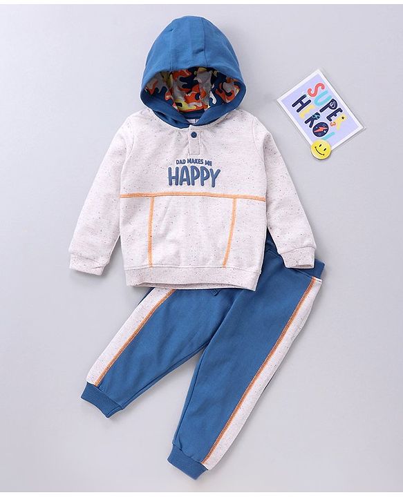 Babyhug Full Sleeves Hooded T-Shirt & Lounge Pant Text Print - White Blue