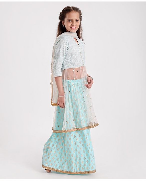Pine Kids Three Fourth Sleeves Sequined Choli with Foil Printed Lehenga - Turquoise Blue