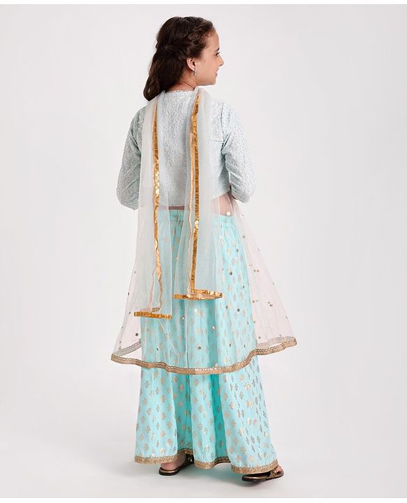 Pine Kids Three Fourth Sleeves Sequined Choli with Foil Printed Lehenga - Turquoise Blue