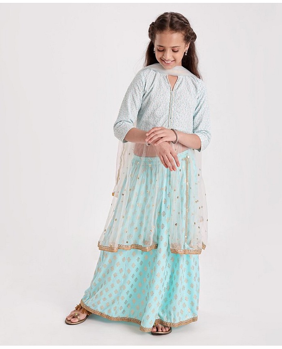 Pine Kids Three Fourth Sleeves Sequined Choli with Foil Printed Lehenga - Turquoise Blue