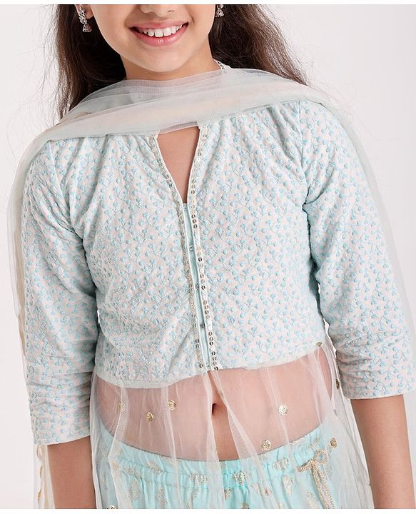 Pine Kids Three Fourth Sleeves Sequined Choli with Foil Printed Lehenga - Turquoise Blue