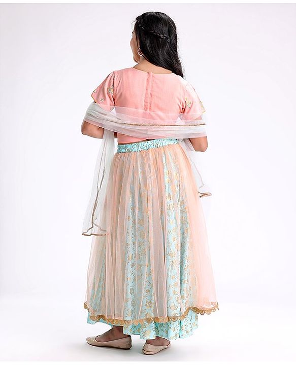 Pine Kids Half Sleeves Choli & Lehenga Set With Dupatta Floral Embrodery & Foil Print- Peach