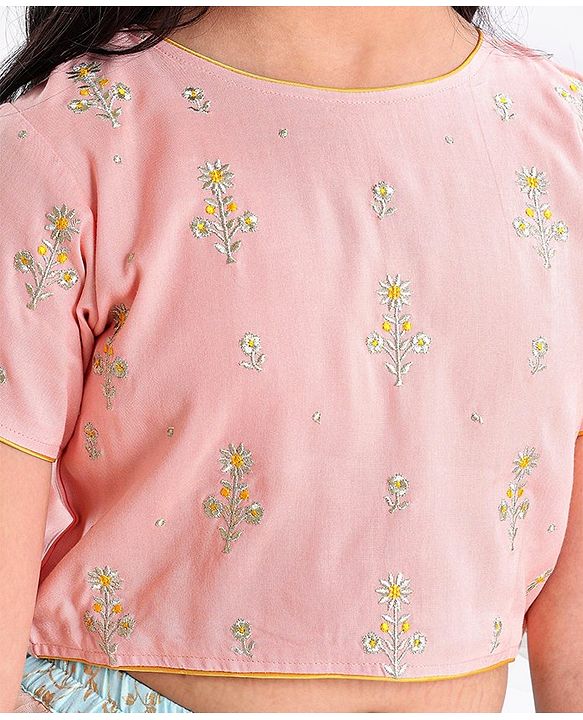 Pine Kids Half Sleeves Choli & Lehenga Set With Dupatta Floral Embrodery & Foil Print- Peach
