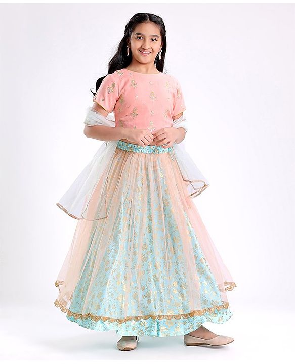 Pine Kids Half Sleeves Choli & Lehenga Set With Dupatta Floral Embrodery & Foil Print- Peach