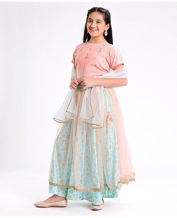 Pine Kids Half Sleeves Choli & Lehenga Set With Dupatta Floral Embrodery & Foil Print- Peach
