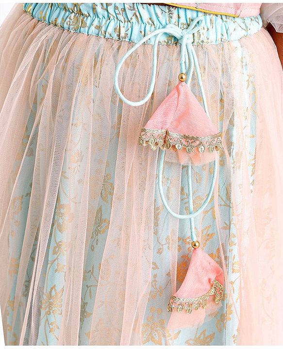 Pine Kids Half Sleeves Choli & Lehenga Set With Dupatta Floral Embrodery & Foil Print- Peach