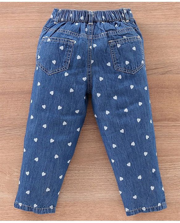 Babyhug Full Length Denim Jeans Heart Print - Blue