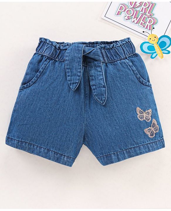 Babyhug Mid Thigh Length Washed Shorts Butterfly Embroidery - Blue