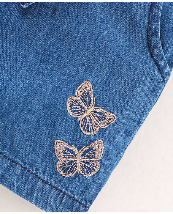 Babyhug Mid Thigh Length Washed Shorts Butterfly Embroidery - Blue