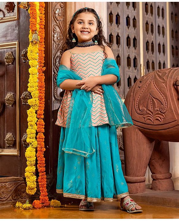 Pine Kids Sleeveless Choli Lehenga Set With Dupatta - Peach