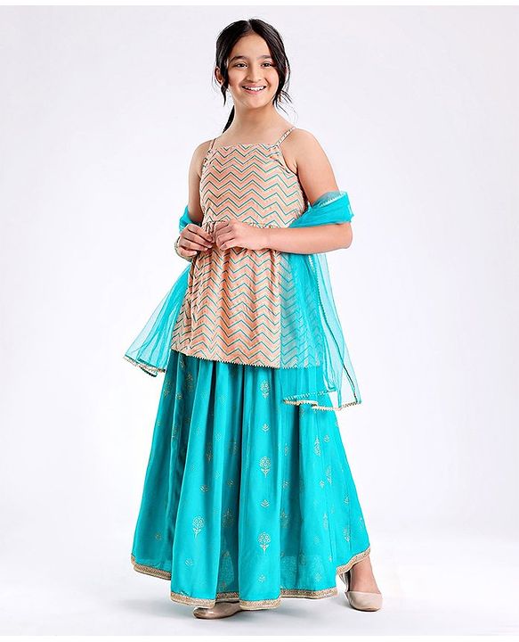Pine Kids Sleeveless Choli Lehenga Set With Dupatta - Peach