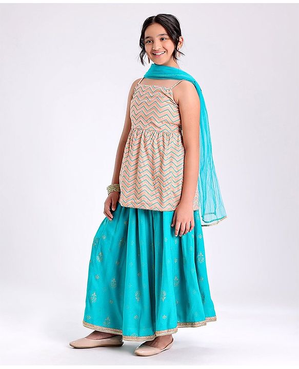 Pine Kids Sleeveless Choli Lehenga Set With Dupatta - Peach