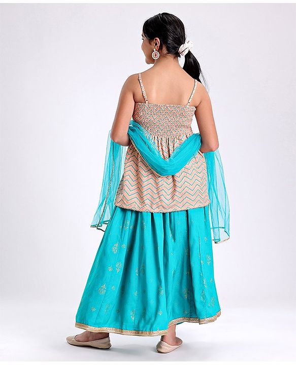 Pine Kids Sleeveless Choli Lehenga Set With Dupatta - Peach