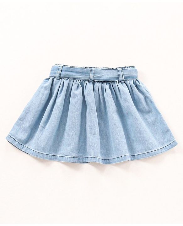 Babyhug Mid Thigh Cotton Denim Skirt Washed With Lace Belt- Blue