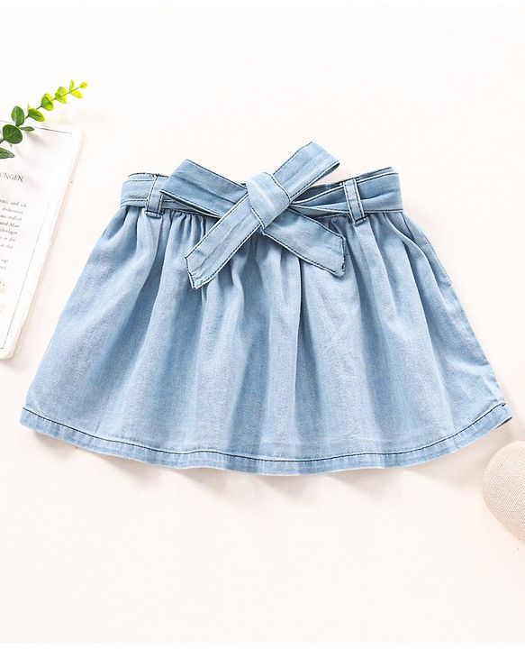 Babyhug Mid Thigh Cotton Denim Skirt Washed With Lace Belt- Blue