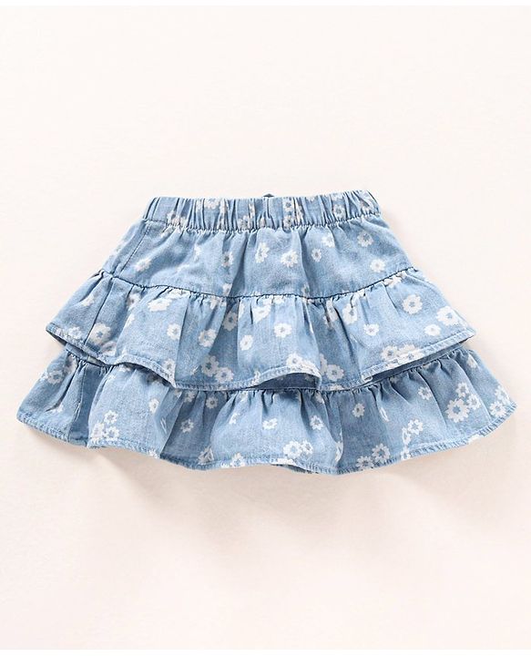 Babyhug Cotton Denim Layered Skirt Floral Print With Bow Applique- Blue