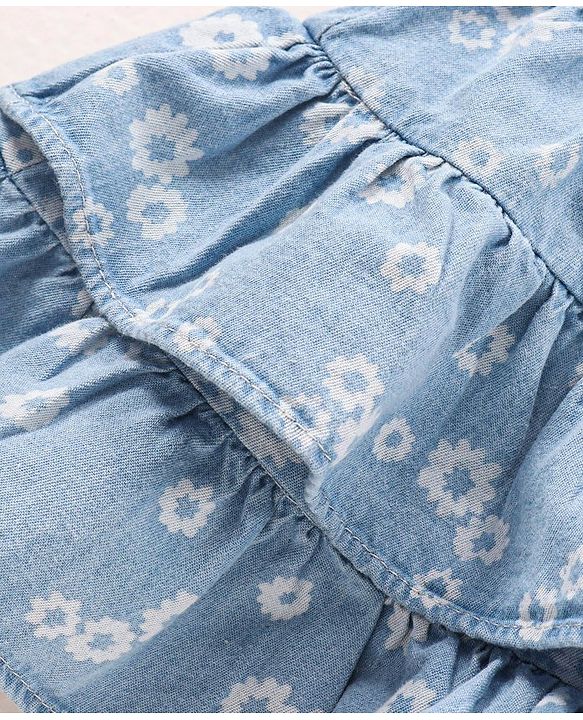 Babyhug Cotton Denim Layered Skirt Floral Print With Bow Applique- Blue