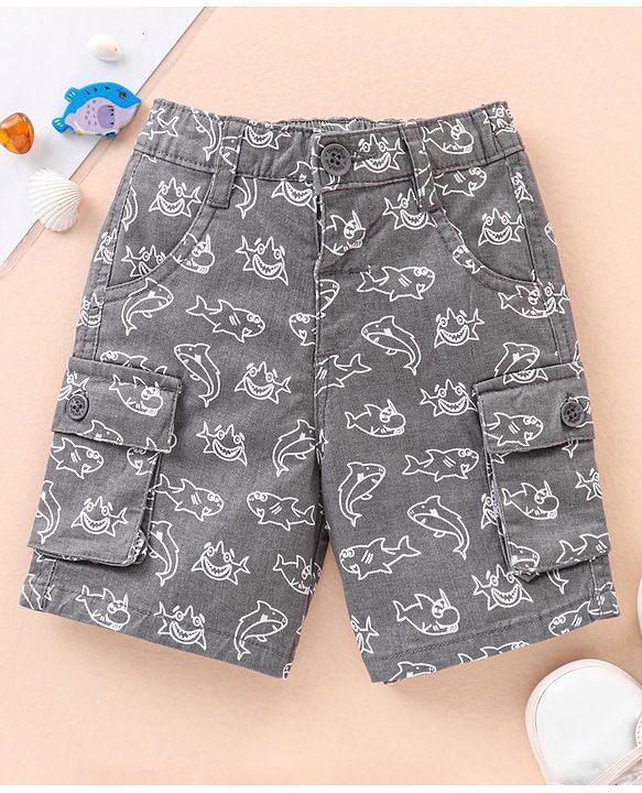Babyhug Cotton Knit Mid Thigh Shorts Shark Printed - Grey