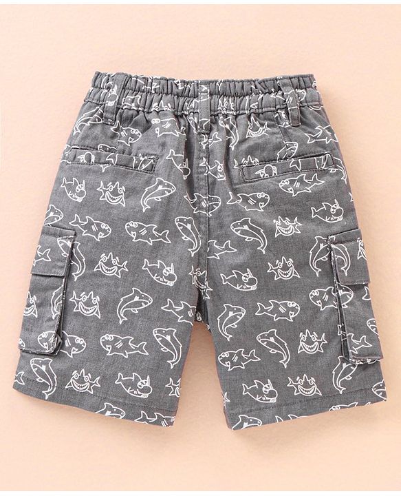 Babyhug Cotton Knit Mid Thigh Shorts Shark Printed - Grey