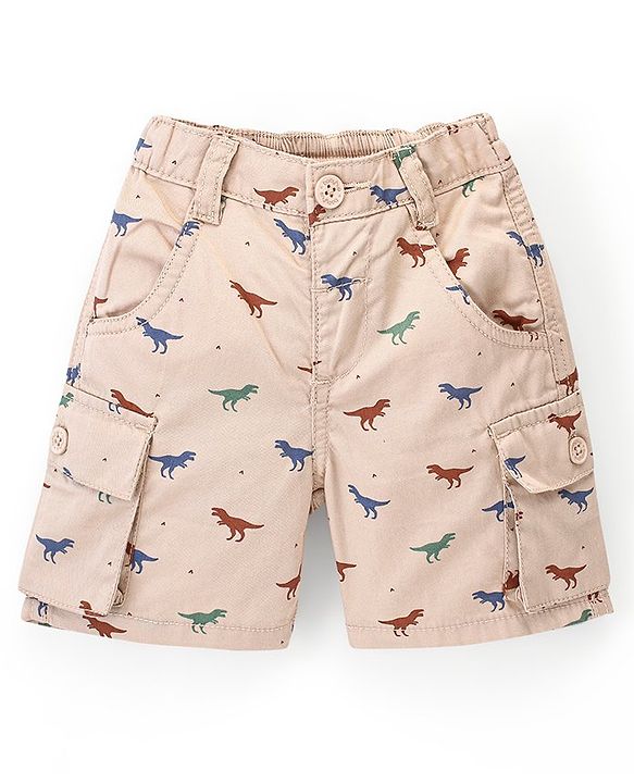 Babyhug Cotton Knit Mid Thigh Shorts Dino Print - Beige