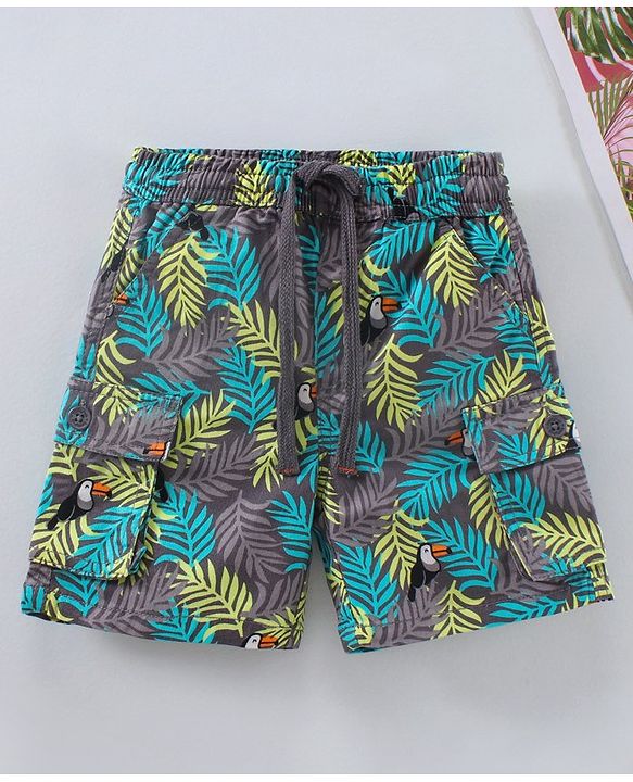 Babyhug Mid Thigh Length Shorts Leafy Print - Grey
