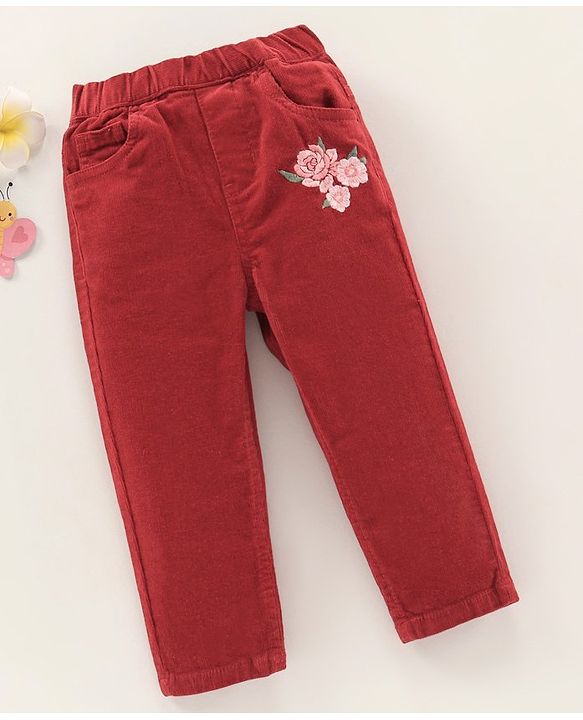 Babyhug Full Length  Corduroy Pants Flower Patch - Red