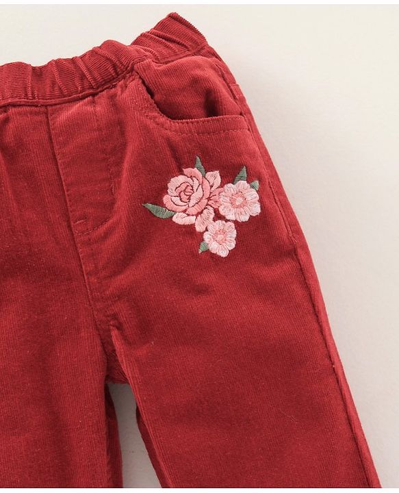 Babyhug Full Length  Corduroy Pants Flower Patch - Red