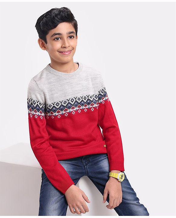 Pine Kids Full Sleeves Fine Knit Argyle Pattern Sweater- Multicolor