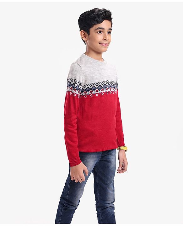 Pine Kids Full Sleeves Fine Knit Argyle Pattern Sweater- Multicolor