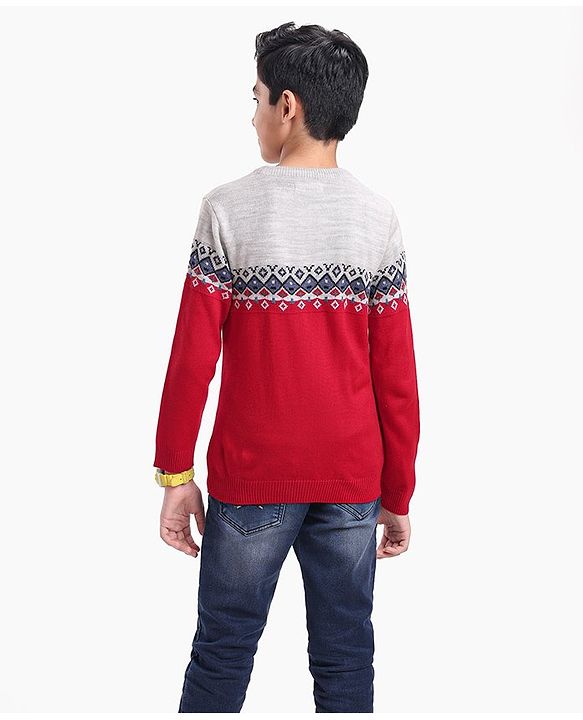 Pine Kids Full Sleeves Fine Knit Argyle Pattern Sweater- Multicolor