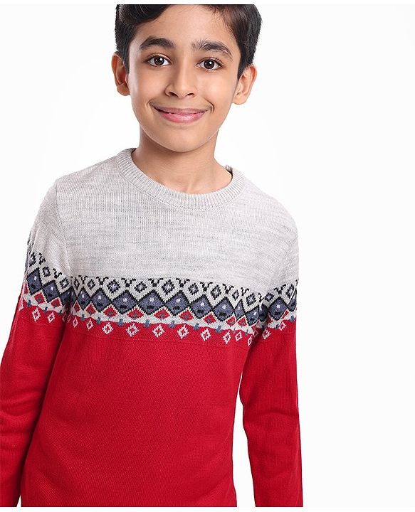 Pine Kids Full Sleeves Fine Knit Argyle Pattern Sweater- Multicolor