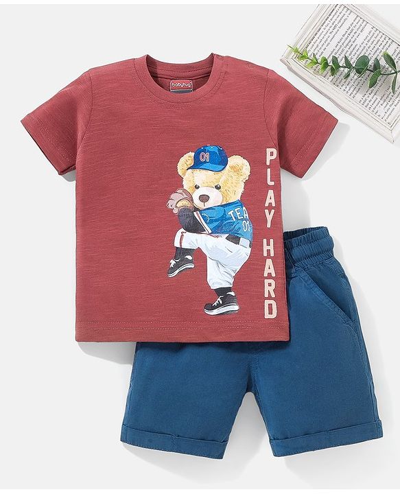Babyhug 100% Cotton Knit Half Sleeves T-Shirt & Short Set Play Print - Brown & Blue