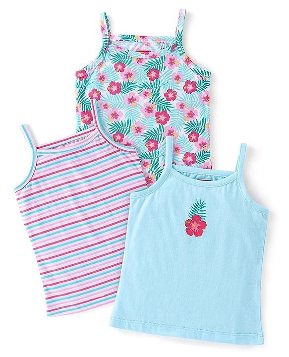 Babyhug Sleeveless Slips Striped & Floral Print Pack of 3 - Blue
