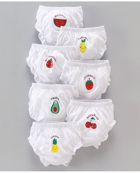 Babyhug 100% Cotton Knit Bloomers Pack of 7 Fruits & Day Printed - White