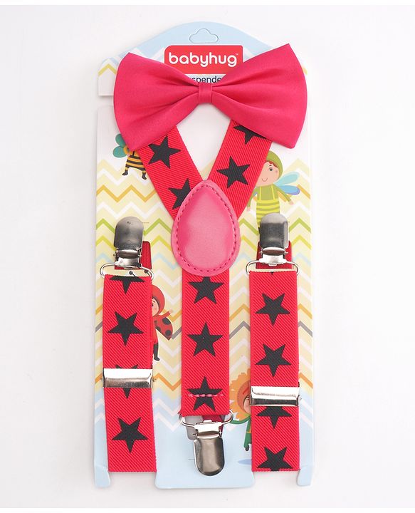 Babyhug Bow and Suspender Set Star Printed - Dark Pink