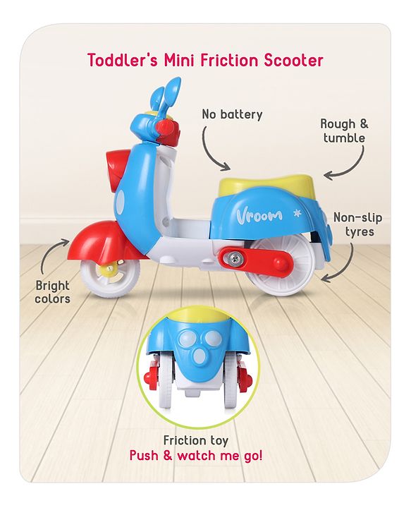 Babyhug Friction Powered Mini Scooter Blue Toy| Push and Go Scooter Toy For Kids| Early Development Motor Skills| Ideal Gift for 3 Years+ Kids| BIS Certified