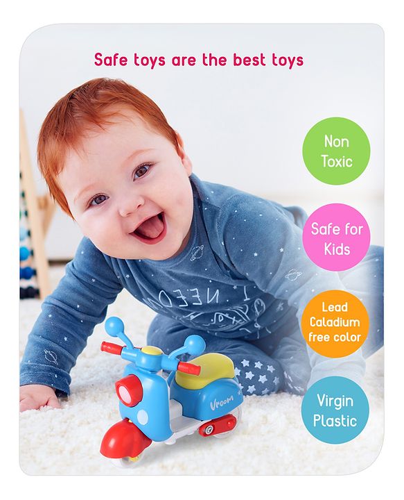 Babyhug Friction Powered Mini Scooter Blue Toy| Push and Go Scooter Toy For Kids| Early Development Motor Skills| Ideal Gift for 3 Years+ Kids| BIS Certified