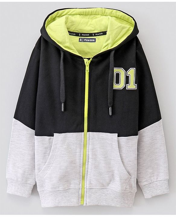 Pine Kids Cotton Knit Full Sleeves Numeric Printed Hooded Sweatshirt - Black