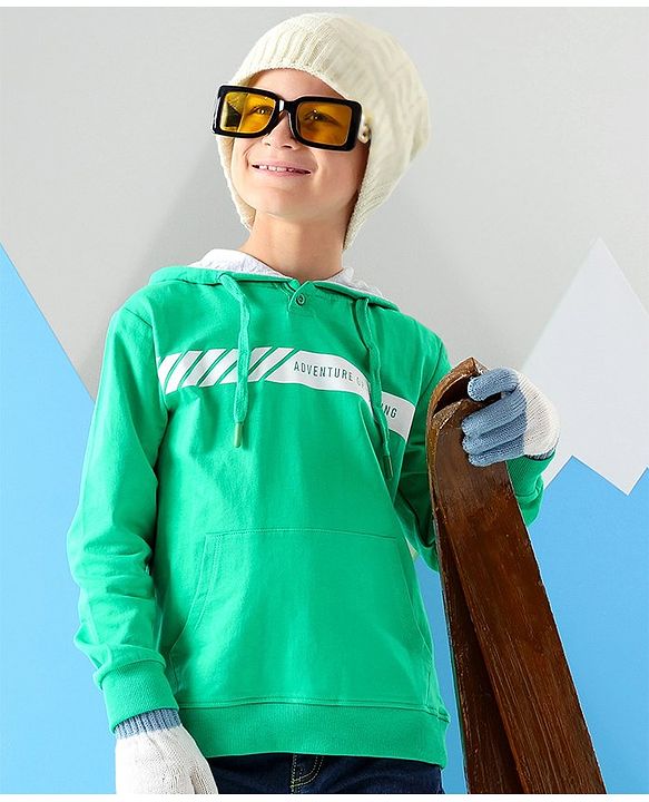 Pine Kids Full Sleeves Biowashed Hooded Sweatshirt Text - Mint