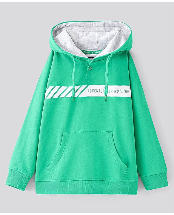 Pine Kids Full Sleeves Biowashed Hooded Sweatshirt Text - Mint