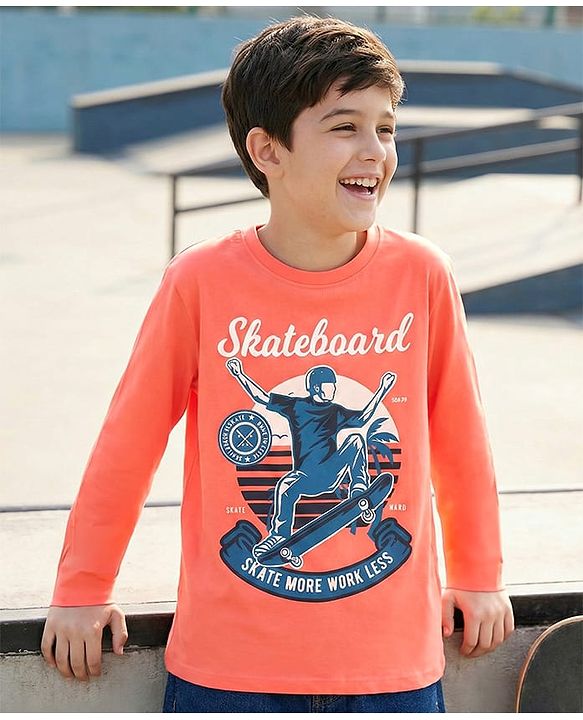 Pine Kids Full Sleeves Biowashed Tee Skateboard Print - Peach