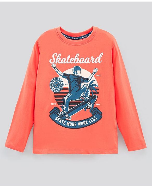 Pine Kids Full Sleeves Biowashed Tee Skateboard Print - Peach
