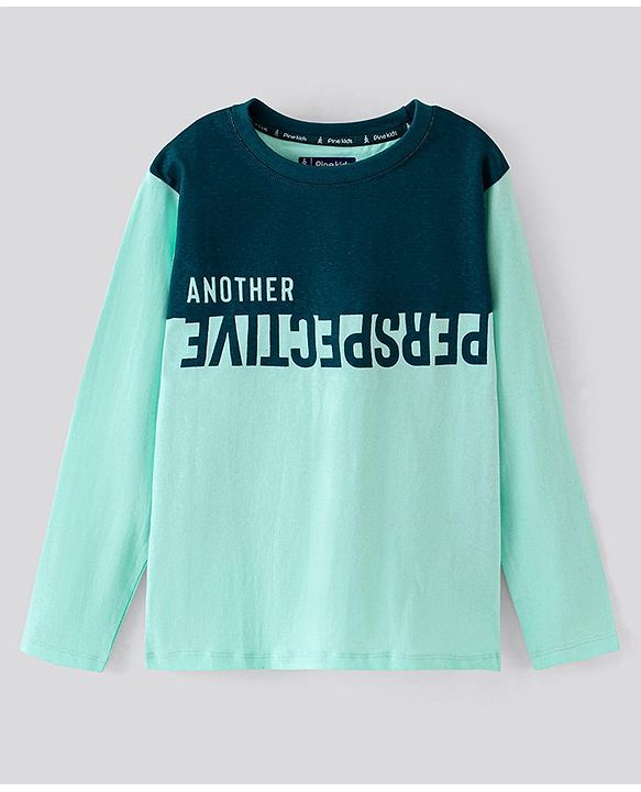 Pine Kids Full Sleeves Biowashed T-Shirt Text Print - Blue Green