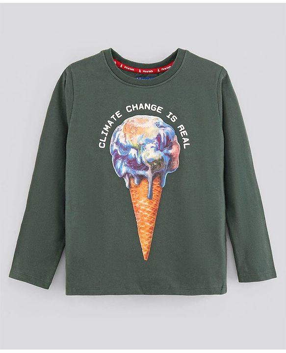 Pine Kids Full Sleeves Biowashed T-Shirt Earth & Text Print - Green