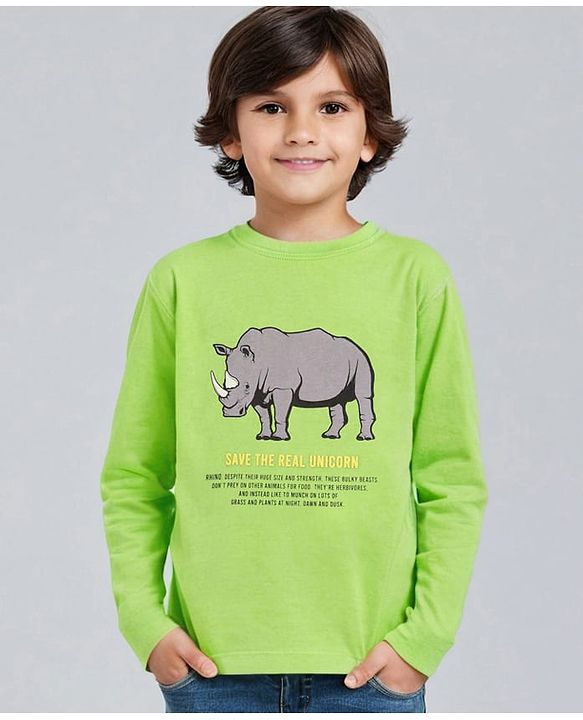 Pine Kids Full Sleeves Biowashed Tee Hippo Print - Light Green